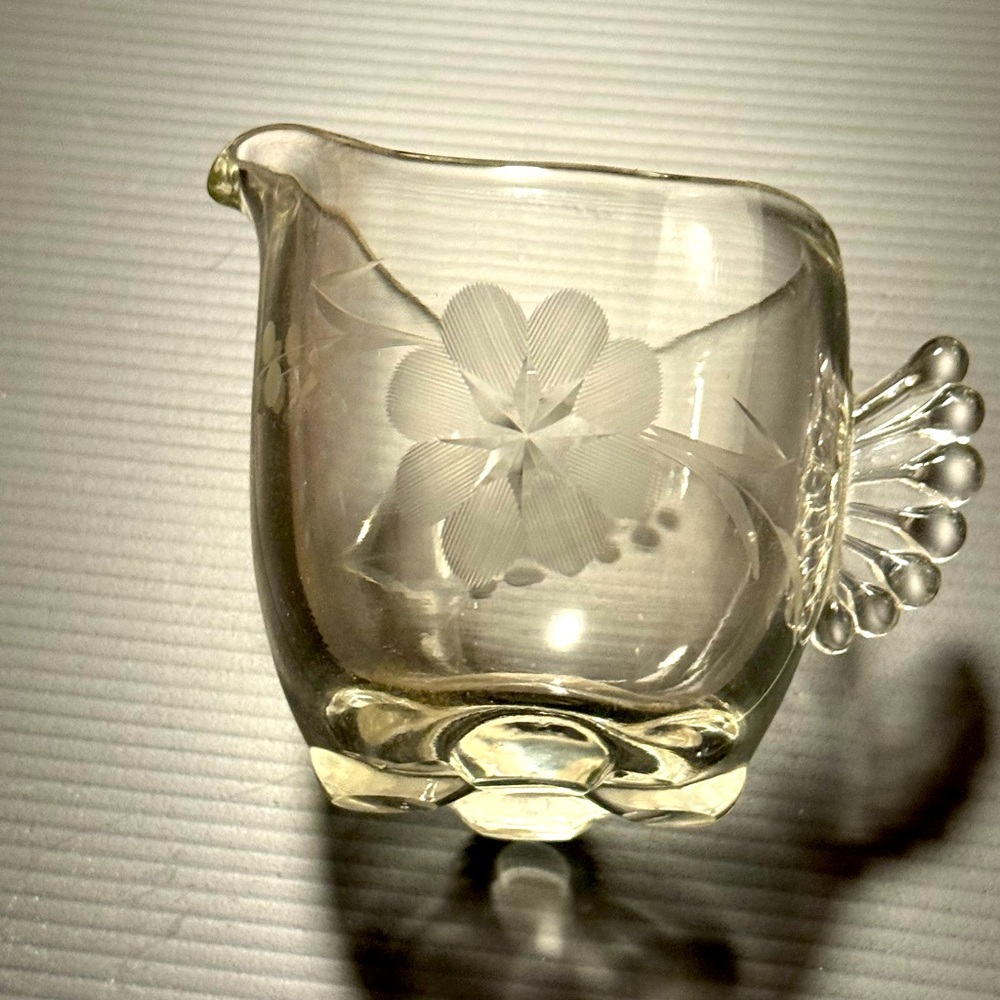 Elegant Glass Creamer with Floral Design by Paden City Glass? Vintage